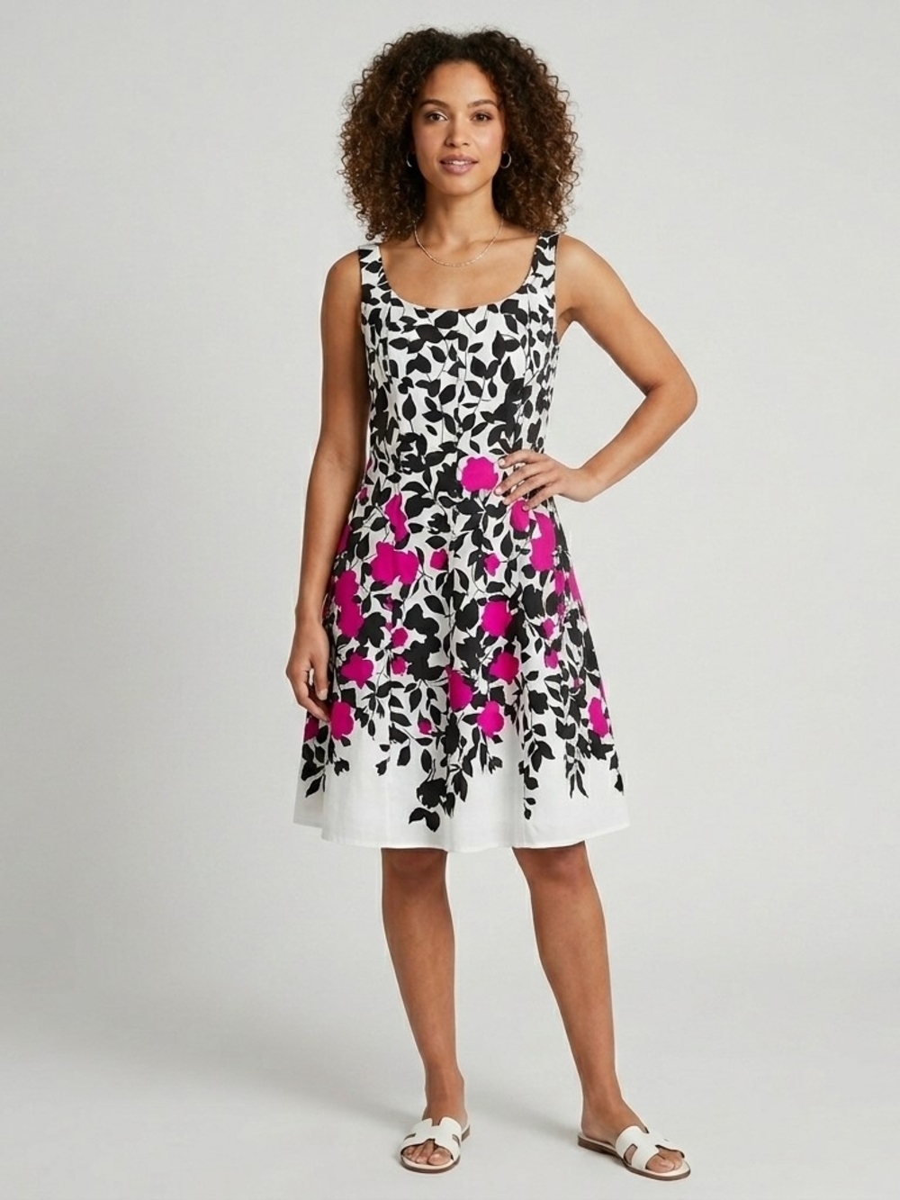 Nine West White Midi Dress with Black Leaf Print and Hot Pink Floral Accents 6